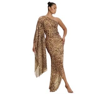 Leopard One Shoulder Chiffon Maxi Dress - Size LARGE